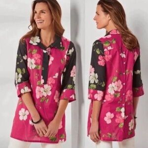 Soft Surroundings Floral Tropical Popover Tunic Top Pink Black Cotton Size Small
